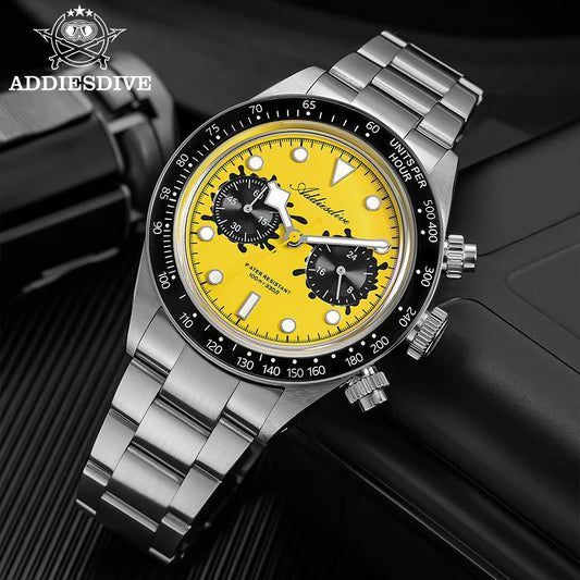 ADDIESDIVE New Luxury Mens Quartz Chronograph Watch VK64 Luxury Wristwatch Ceramic Bezel Stainless Steel 100M Waterproof AD2520