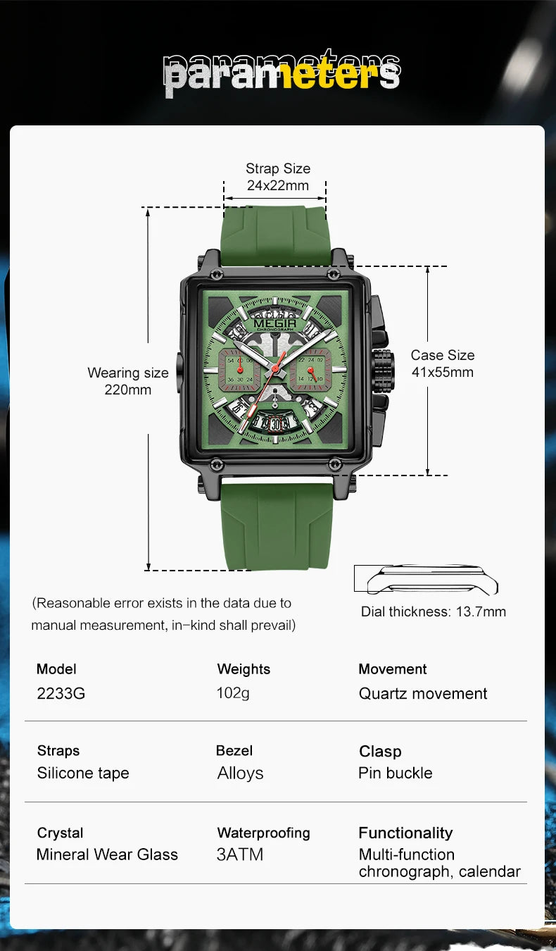 MEGIR Sport Watches for Men Waterproof Quartz Military Wristwatches Square Dial Male Chronograph Watch 24-hour Reloj Hombre 2233