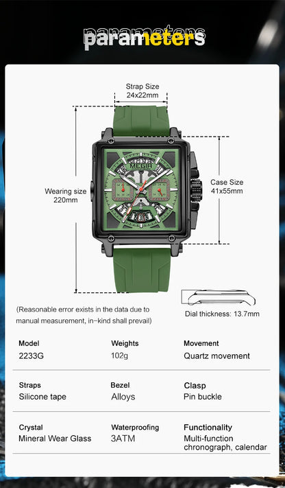 MEGIR Sport Watches for Men Waterproof Quartz Military Wristwatches Square Dial Male Chronograph Watch 24-hour Reloj Hombre 2233
