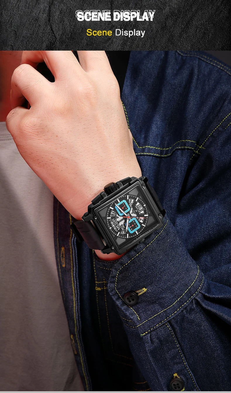 MEGIR Sport Watches for Men Waterproof Quartz Military Wristwatches Square Dial Male Chronograph Watch 24-hour Reloj Hombre 2233