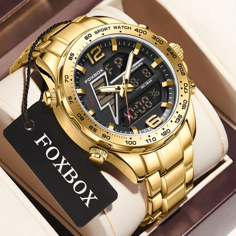 FOXBOX New Men Watches Dual Display 30M Waterproof Date Clock Wristwatch Fashion Sports Watch for Men Electronic Watches Man+Box
