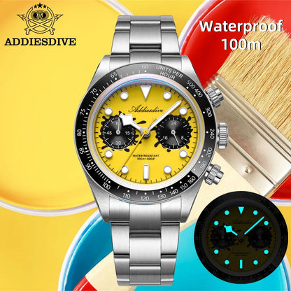 ADDIESDIVE New Luxury Mens Quartz Chronograph Watch VK64 Luxury Wristwatch Ceramic Bezel Stainless Steel 100M Waterproof AD2520