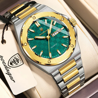 POEDAGAR Original Men Clock Quartz Date Week Luxury Man Wristwatch Waterproof Luminous Stainless Steel Sport Men's Watches Reloj