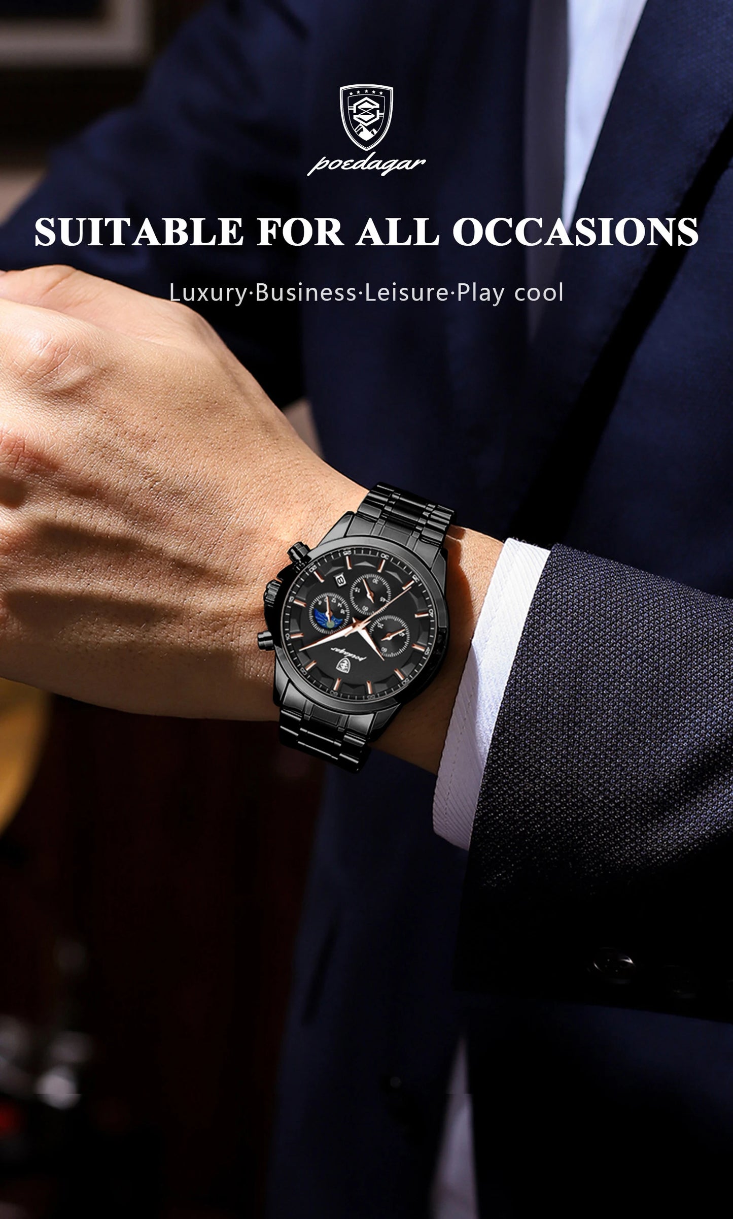 POEDAGAR Top Business Men's Watches Waterproof Luminous Stainless Steel Fashion Men Wristwatch Chronograph Date Man Quartz Watch