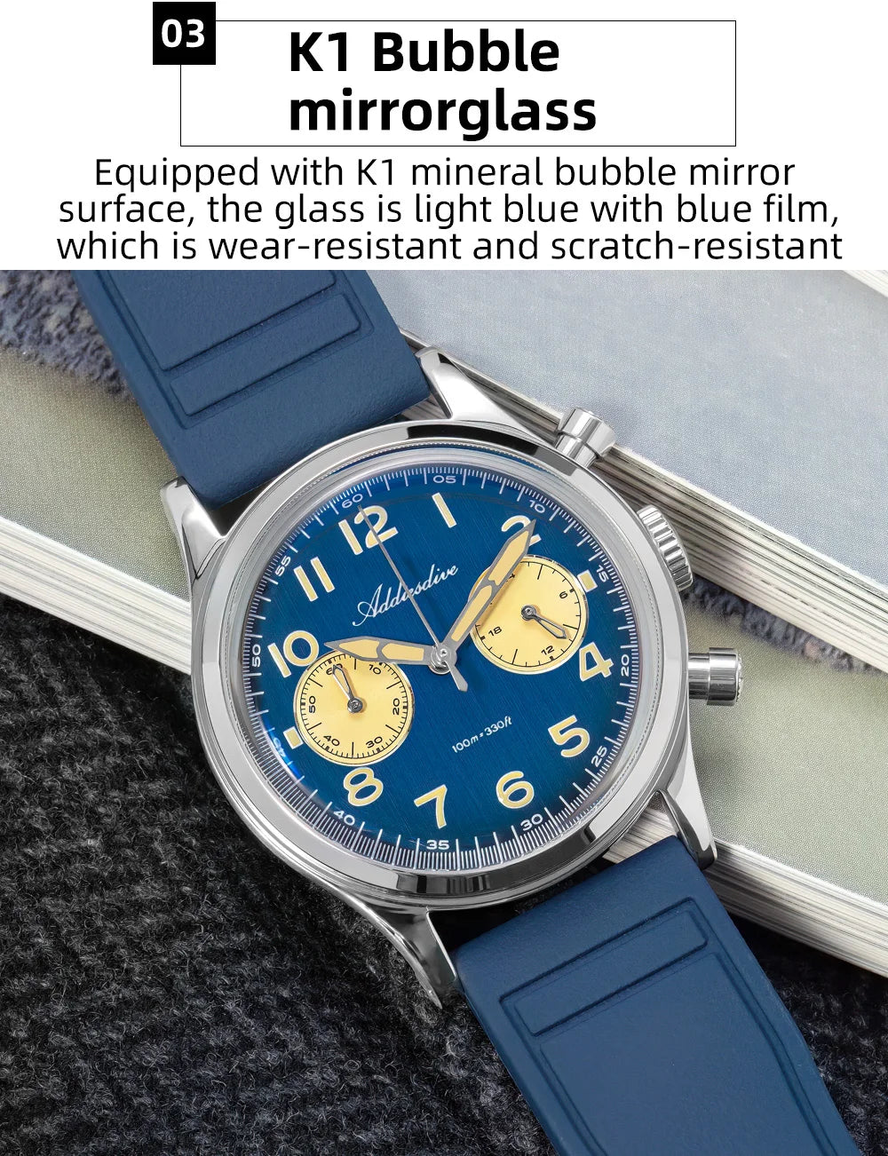 ADDIESDIVE Top Brand Man Watch 10Bar Waterproof AD2516 Super Luminous Bubble Mirror Glass VK64 Chronograph Quartz Steel Watch