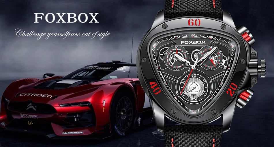 FOXBOX Fashion Luxury Quartz Man Watch Creative Big Dial Chronograph Date Nylon Strap Casual Sport Triangle Men's Watches Clocks