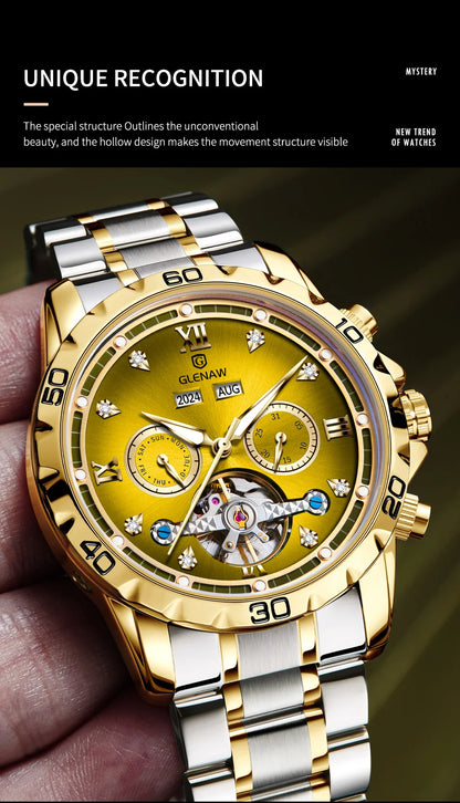 GLENAW NEW Year Month Sunday Multi-functional Mechanical Watch Men luxury Stainless Steel Waterproof Automatic watch steel strip