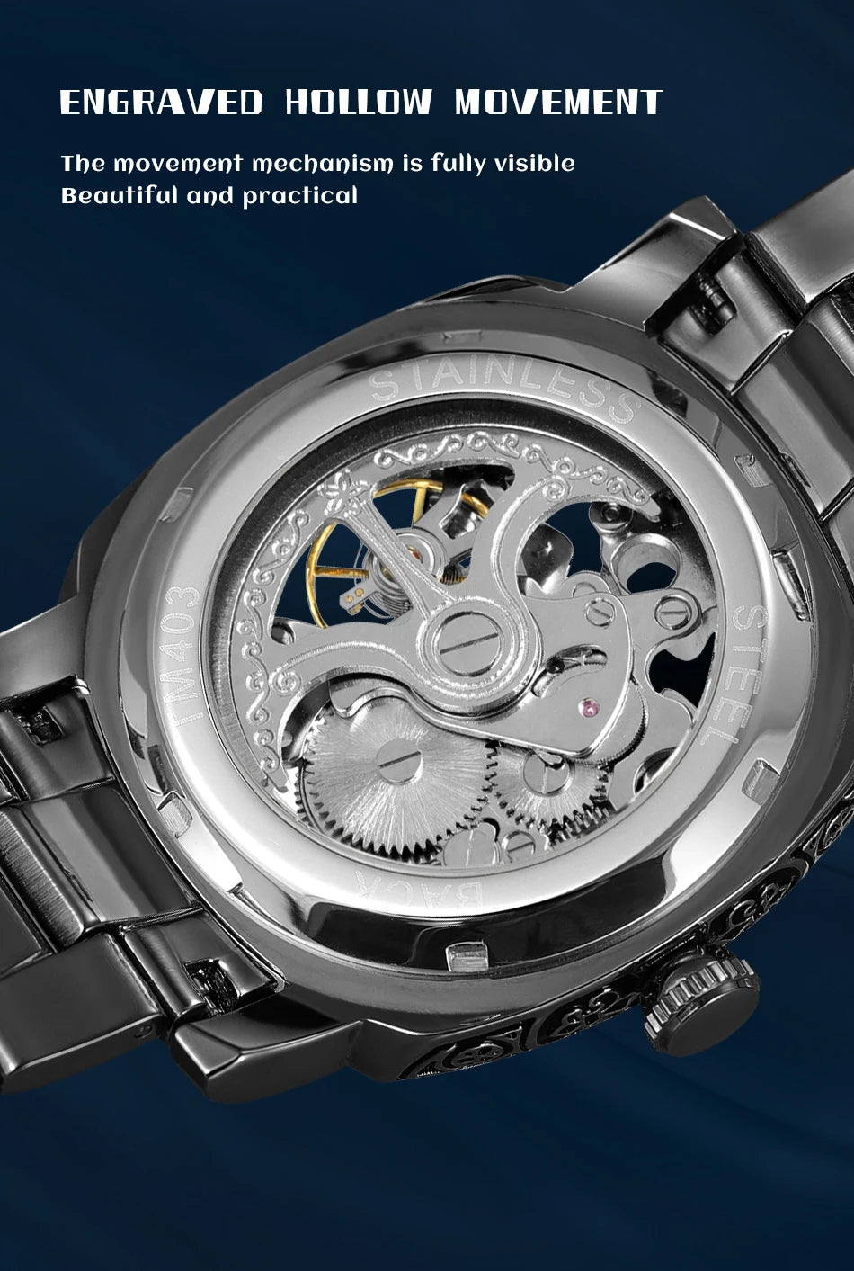 Forsining Gold Square Skeleton Automatic Mechanical Watches Engraved Design Luminous Hands Stainless Steel Strap Retro Men Watch