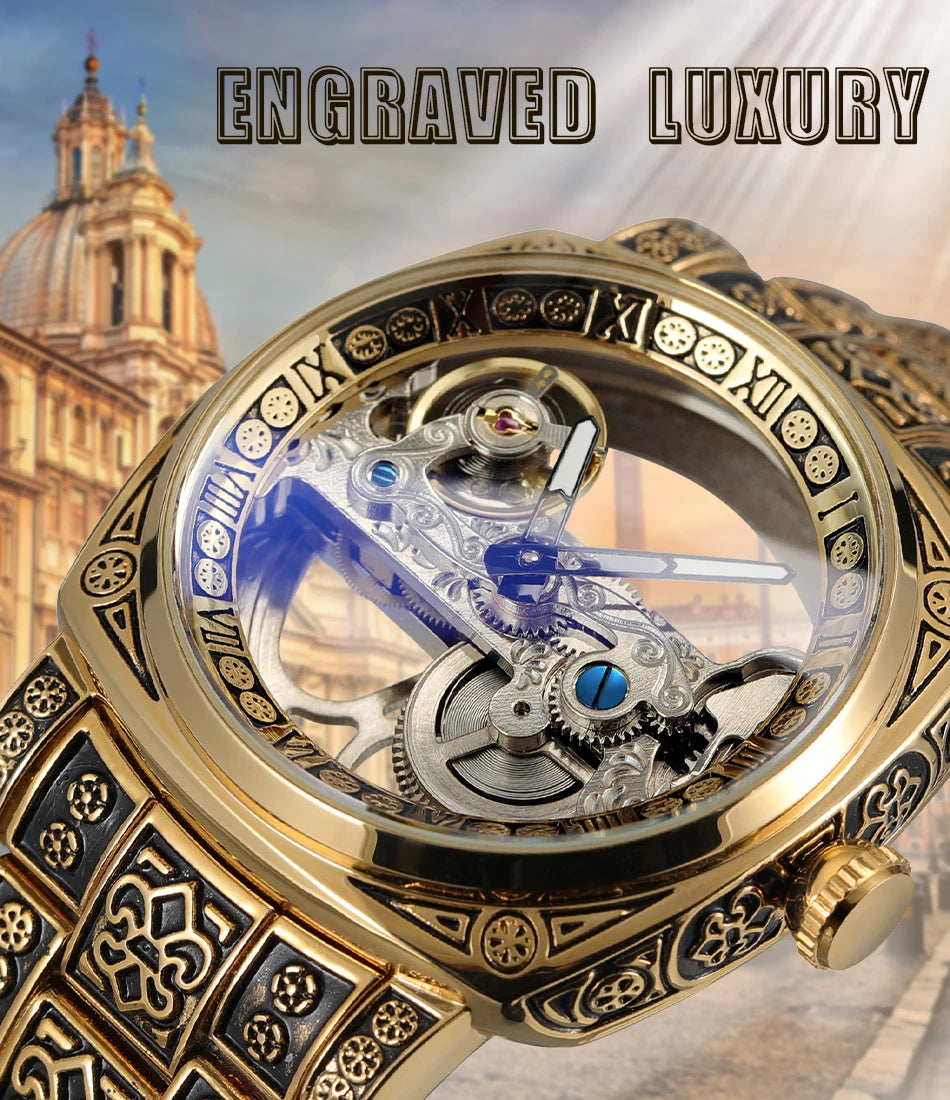 Forsining Vintage Square Skeleton Automatic Mechanical Watch for Men Engraved Case Steel Leather Strap Business Mens Watches