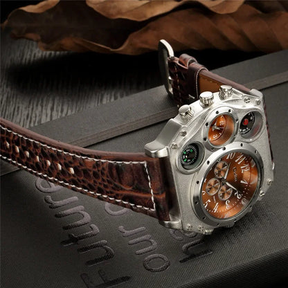 Oulm 1349 Unique Designer Brand Men's Sports Watch Two Time Zone Quartz Watches Big Dial Military Leather Band Wristwatch