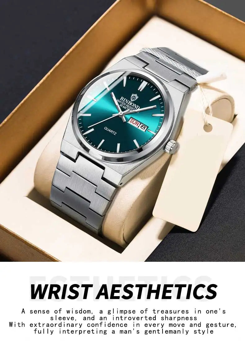 BINBOND Men's Fashion Business Watch Quartz Movement Stainless Steel Buckle Waterproof Luminous Calendar Leisure Watch
