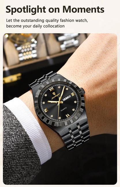 POEDAGAR Business Male Watches Waterproof Luminous Week Date Fashion Men's Wristwatch Stainless Steel Quartz Watch For Men Reloj