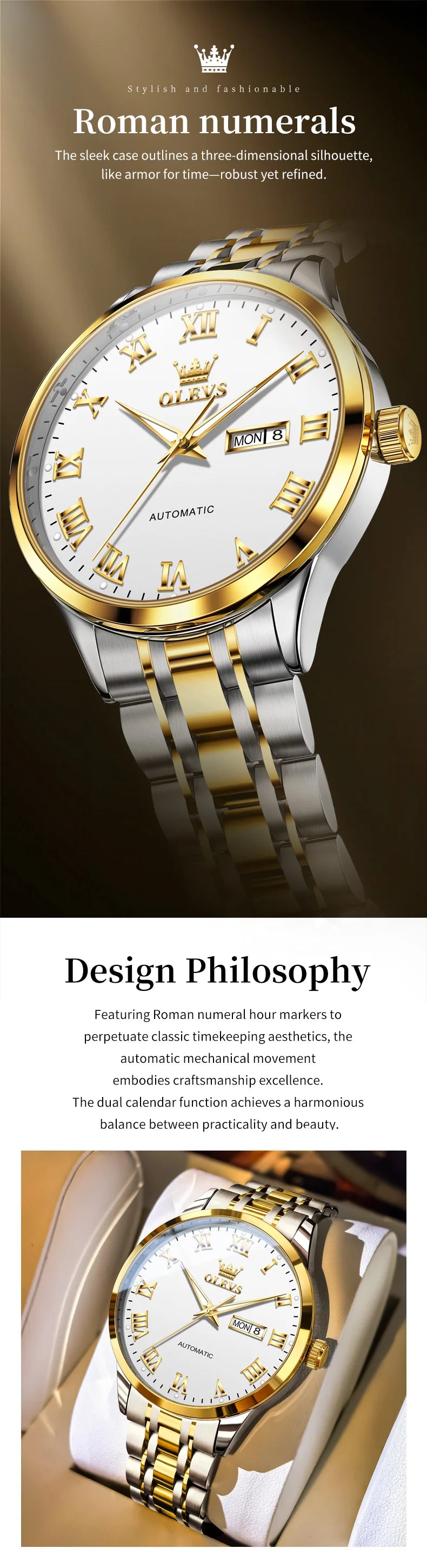 OLEVS 7060 Men's Automatic Watch Stainless steel Strap Waterproof Calendar Mechanical Watch for Men