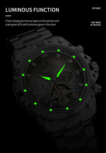 GLENAW NEW Year Month Sunday Multi-functional Mechanical Watch Men luxury Stainless Steel Waterproof Automatic watch steel strip