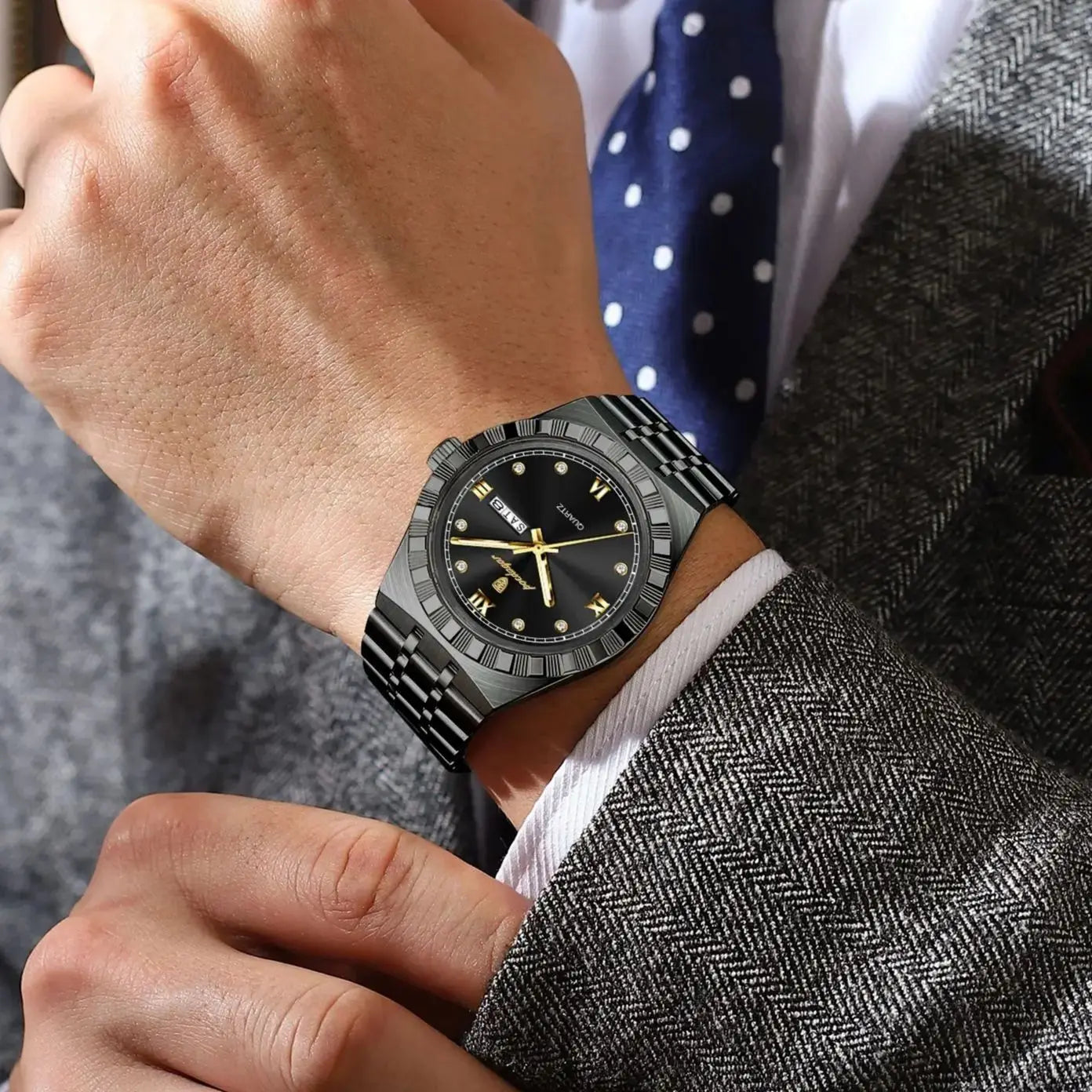 POEDAGAR Business Male Watches Waterproof Luminous Week Date Fashion Men's Wristwatch Stainless Steel Quartz Watch For Men Reloj