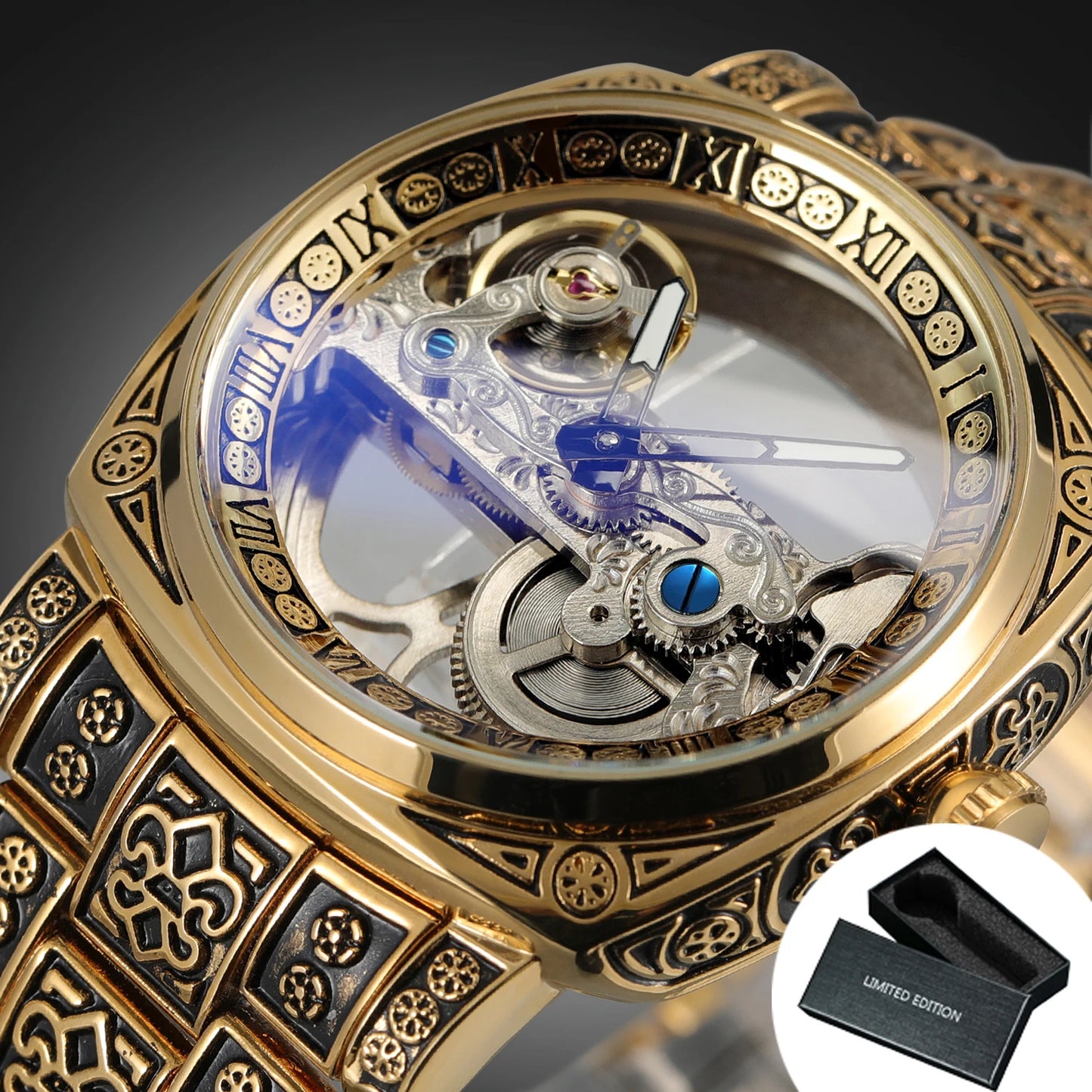 Forsining Vintage Square Skeleton Automatic Mechanical Watch for Men Engraved Case Steel Leather Strap Business Mens Watches