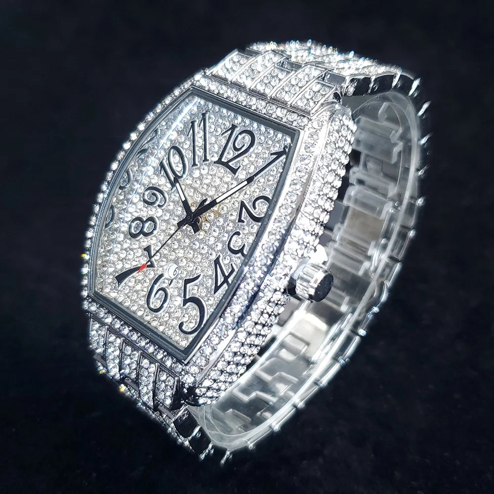 1pcs Quartz Men's Watch Luxury Fashion Wristwatch Hip-Hop Street Style Full Diamond Tonneau Date Watches for Party Accessory