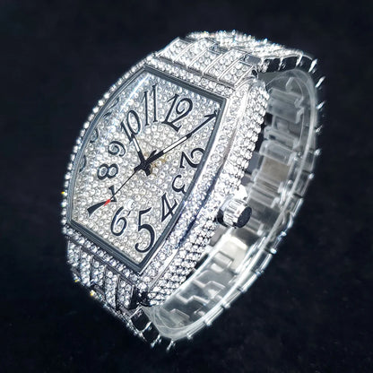 1pcs Quartz Men's Watch Luxury Fashion Wristwatch Hip-Hop Street Style Full Diamond Tonneau Date Watches for Party Accessory