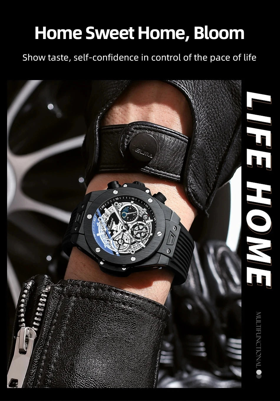 CHENXI Men's Fashion Silicone Chronograph Watch Multifunctional Cool Luminous Quartz Starry Lunar Phases Sport Wristwatch