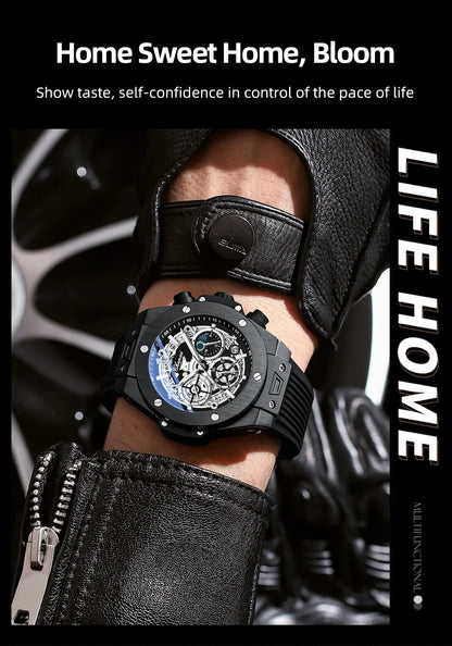 CHENXI Men's Fashion Silicone Chronograph Watch Multifunctional Cool Luminous Quartz Starry Lunar Phases Sport Wristwatch