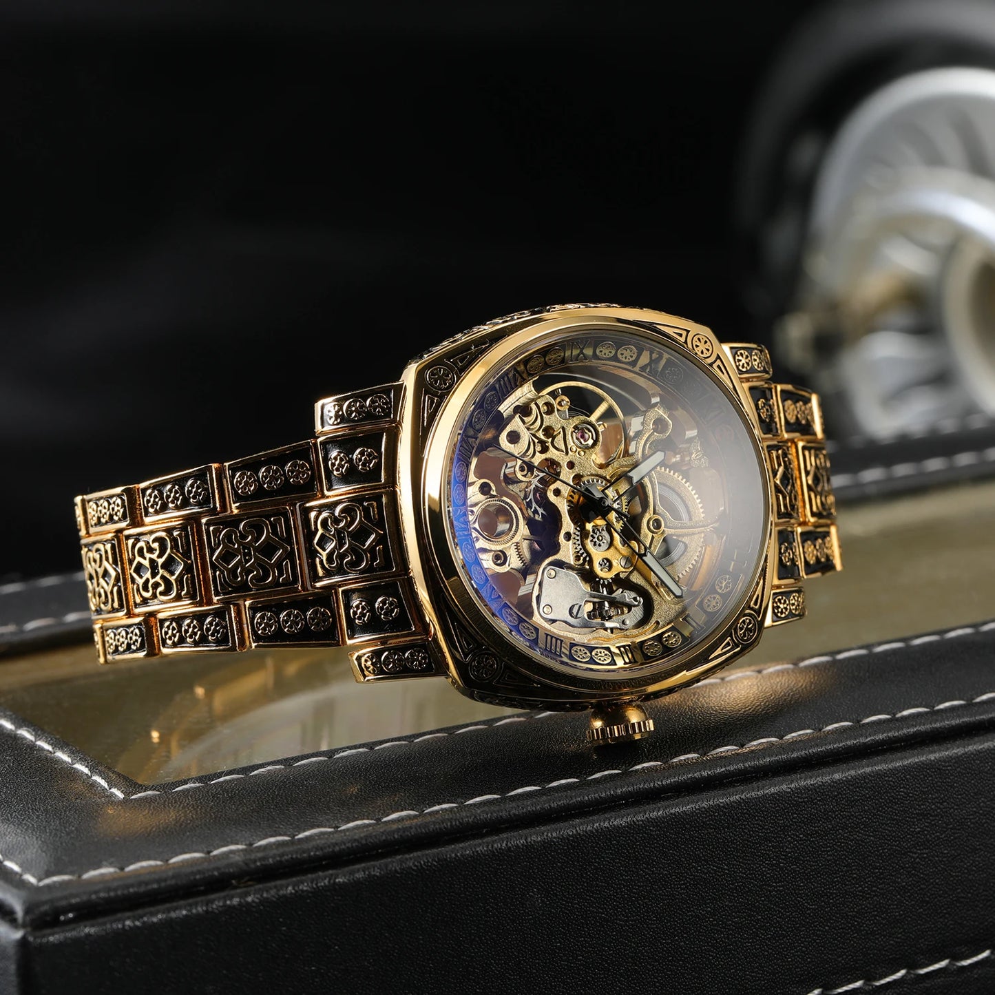 Forsining Gold Square Skeleton Automatic Mechanical Watches Engraved Design Luminous Hands Stainless Steel Strap Retro Men Watch