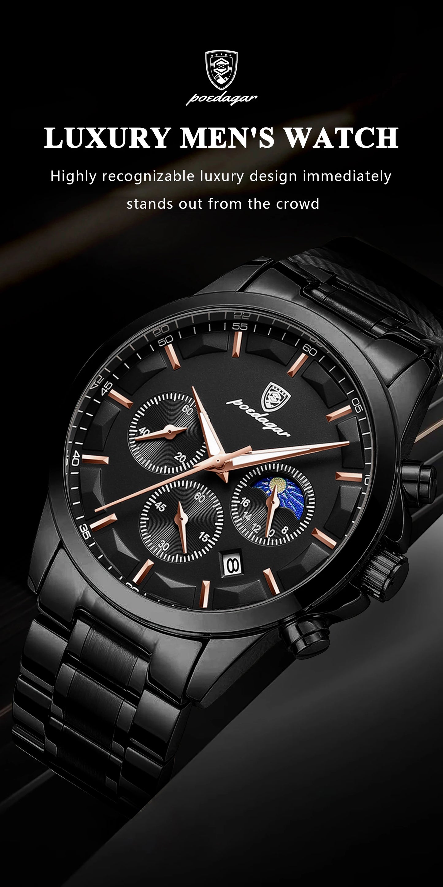 POEDAGAR Top Business Men's Watches Waterproof Luminous Stainless Steel Fashion Men Wristwatch Chronograph Date Man Quartz Watch