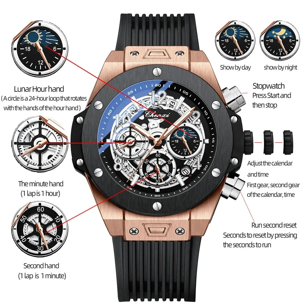 CHENXI Men's Fashion Silicone Chronograph Watch Multifunctional Cool Luminous Quartz Starry Lunar Phases Sport Wristwatch