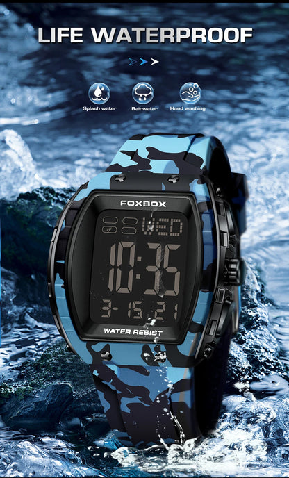 FOXBOX Military Watches For Men Fashion Square Waterproof Luminous Sports Men's Watch LED Electronic Wristwatch Reloj Hombre+BOX