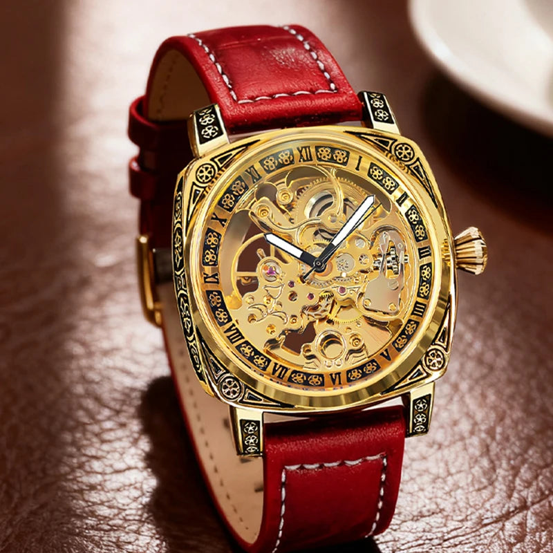 A men's yellow and red casual fashion mechanical watch with finely embossed PU leather