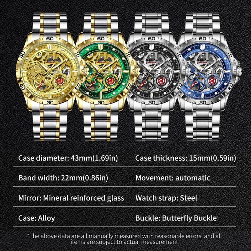 2025 New GLENAW Design Luxury Mechanical Watch Men Stainless Steel Strap Night Light 24-hour Display Waterproof Automatic Watch