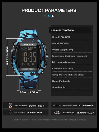 FOXBOX Military Watches For Men Fashion Square Waterproof Luminous Sports Men's Watch LED Electronic Wristwatch Reloj Hombre+BOX