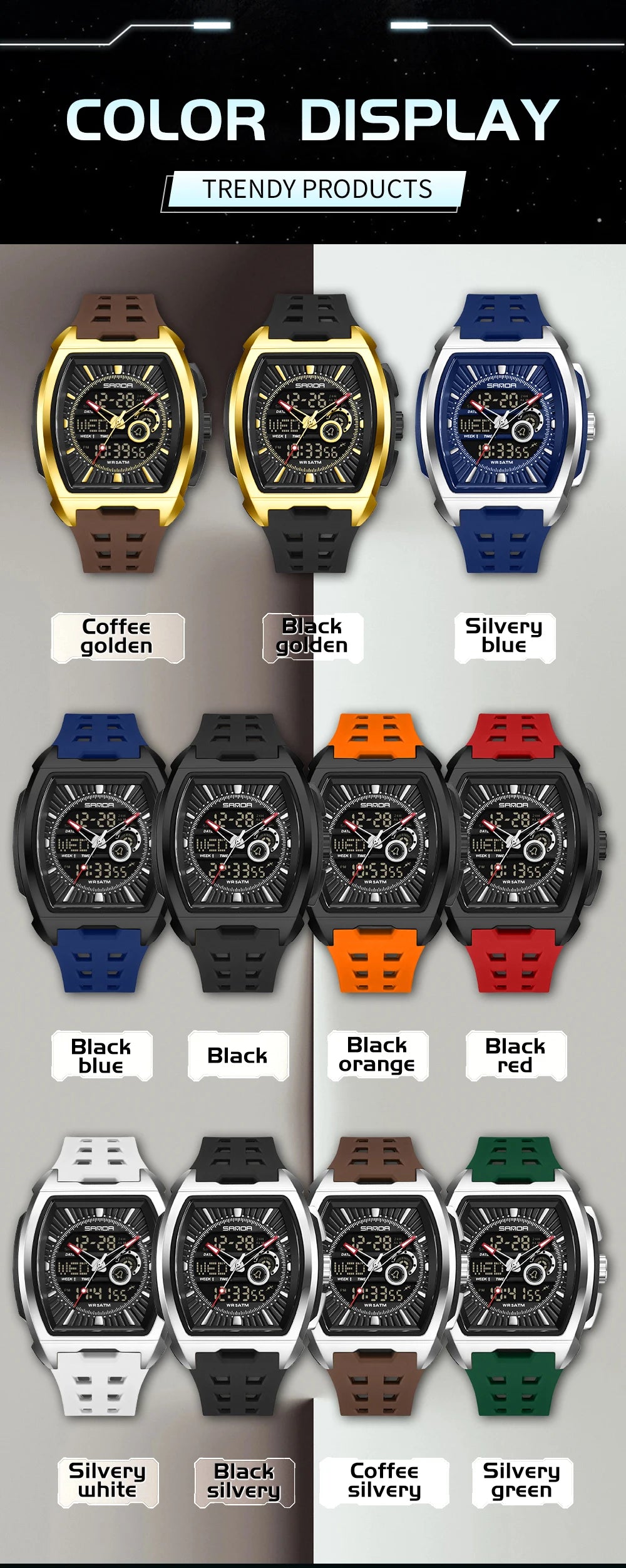 SANDA Luxury Men Wristwatch Electronic LED Display Luminous Sports Man Watch Quartz Waterproof Military Alarm Date Watches Male