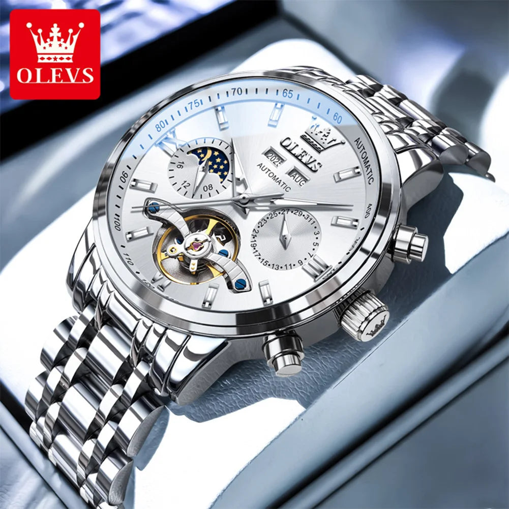 OLEVS 6740 Skeleton Flywheel Artistic Multifunctional Dials High Definition Translucent Coated Mirror Luminous Men's Watch