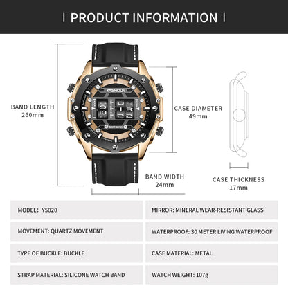YASHIDUN Men Quartz Watch Roller Digital Dial Design Silicone Strap Versatile Wristwatch Clock Waterproof Military Sports Clock