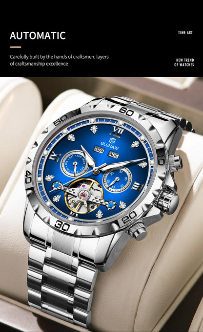 GLENAW NEW Year Month Sunday Multi-functional Mechanical Watch Men luxury Stainless Steel Waterproof Automatic watch steel strip