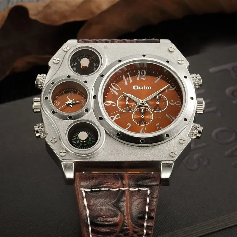 Oulm 1349 Unique Designer Brand Men's Sports Watch Two Time Zone Quartz Watches Big Dial Military Leather Band Wristwatch