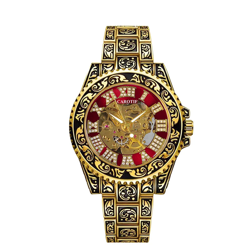 A men's black and red vintage luxury-style fully automatic mechanical watch with exquisite engravings