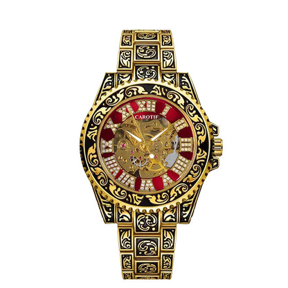 A men's black and red vintage luxury-style fully automatic mechanical watch with exquisite engravings