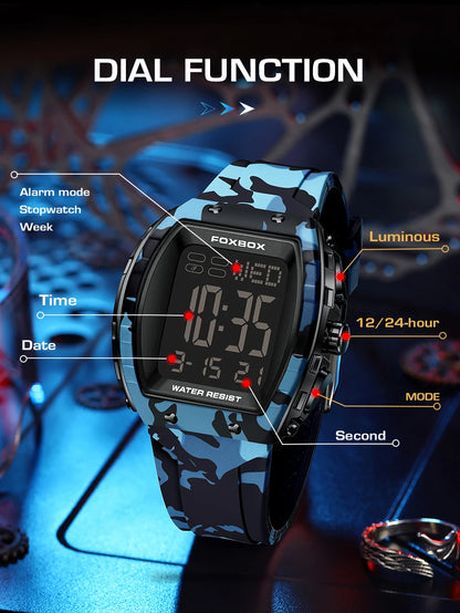 FOXBOX Military Watches For Men Fashion Square Waterproof Luminous Sports Men's Watch LED Electronic Wristwatch Reloj Hombre+BOX