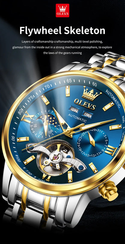 OLEVS 6740 Skeleton Flywheel Artistic Multifunctional Dials High Definition Translucent Coated Mirror Luminous Men's Watch