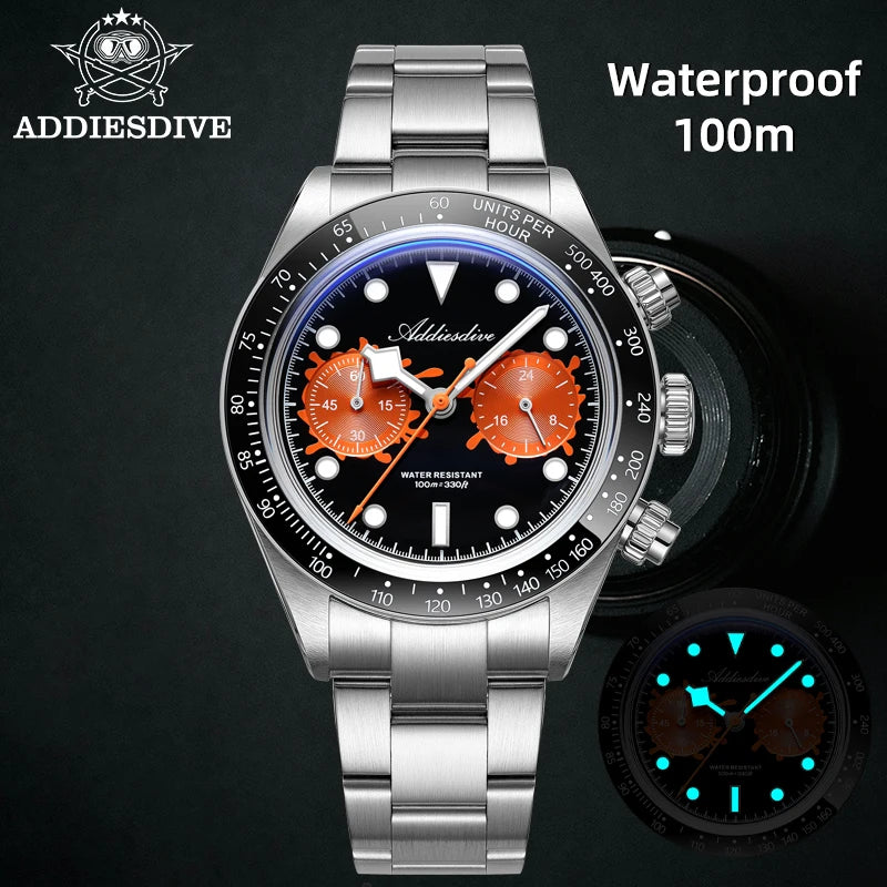 ADDIESDIVE New Luxury Mens Quartz Chronograph Watch VK64 Luxury Wristwatch Ceramic Bezel Stainless Steel 100M Waterproof AD2520