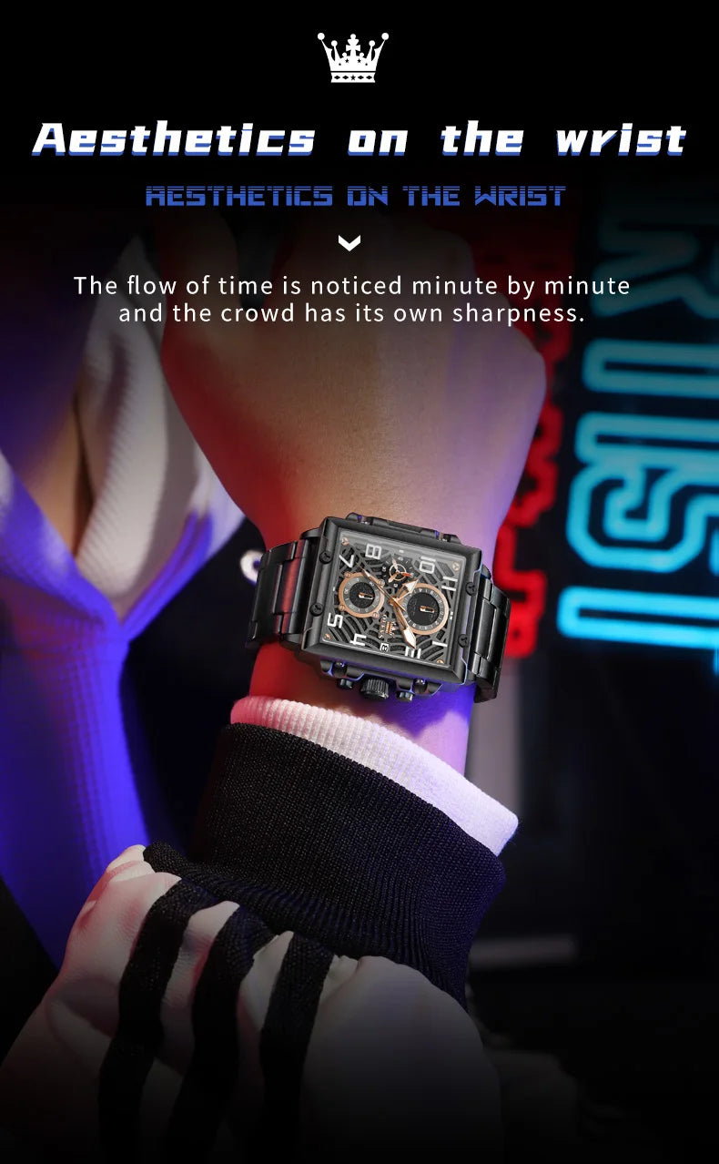 OLEVS Brand Square Multifunctional Quartz Watch for Men Stainless Steel Waterproof Sport Chronograph Mens Watches Reloj Hombre