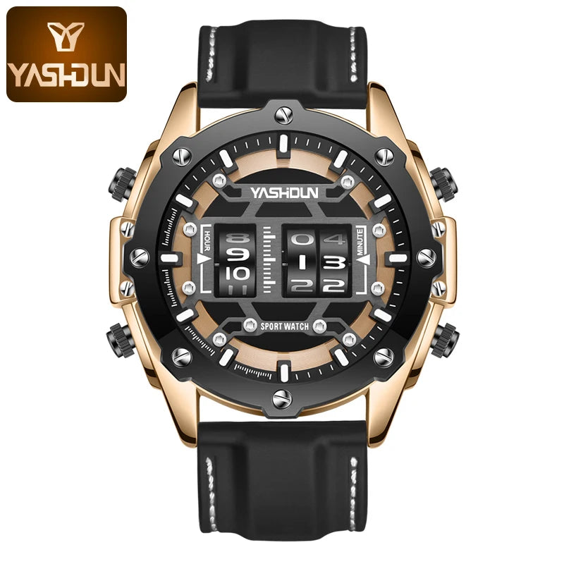YASHIDUN Men Quartz Watch Roller Digital Dial Design Silicone Strap Versatile Wristwatch Clock Waterproof Military Sports Clock