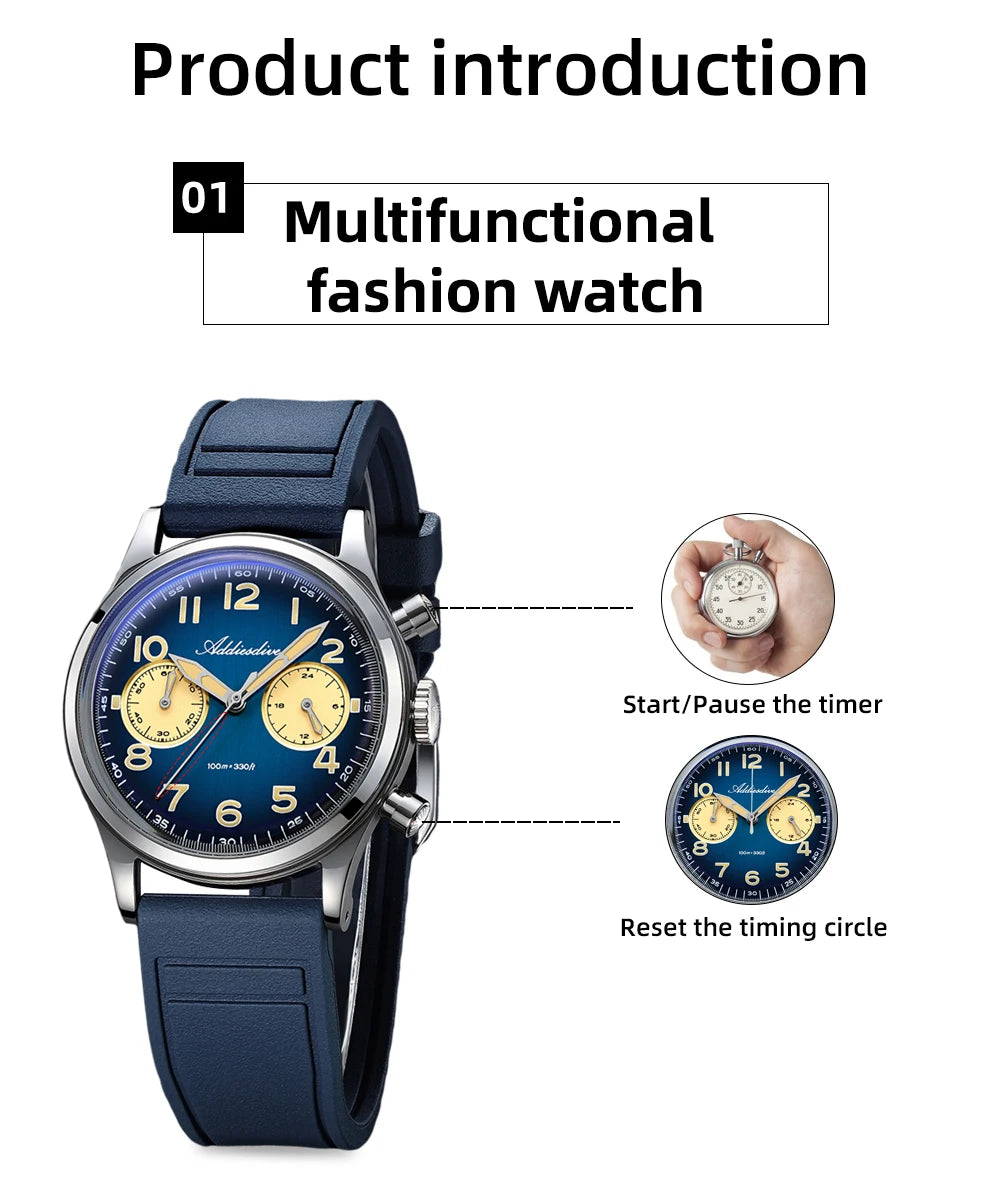 ADDIESDIVE Top Brand Man Watch 10Bar Waterproof AD2516 Super Luminous Bubble Mirror Glass VK64 Chronograph Quartz Steel Watch