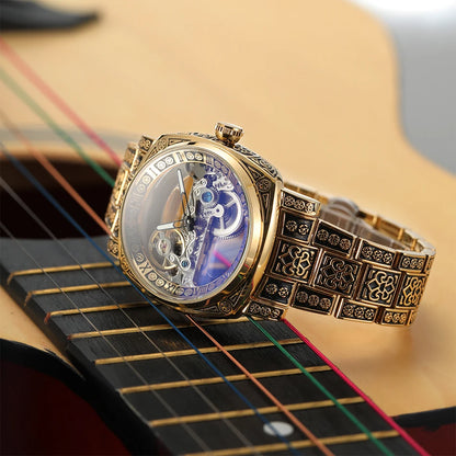 Forsining Vintage Square Skeleton Automatic Mechanical Watch for Men Engraved Case Steel Leather Strap Business Mens Watches