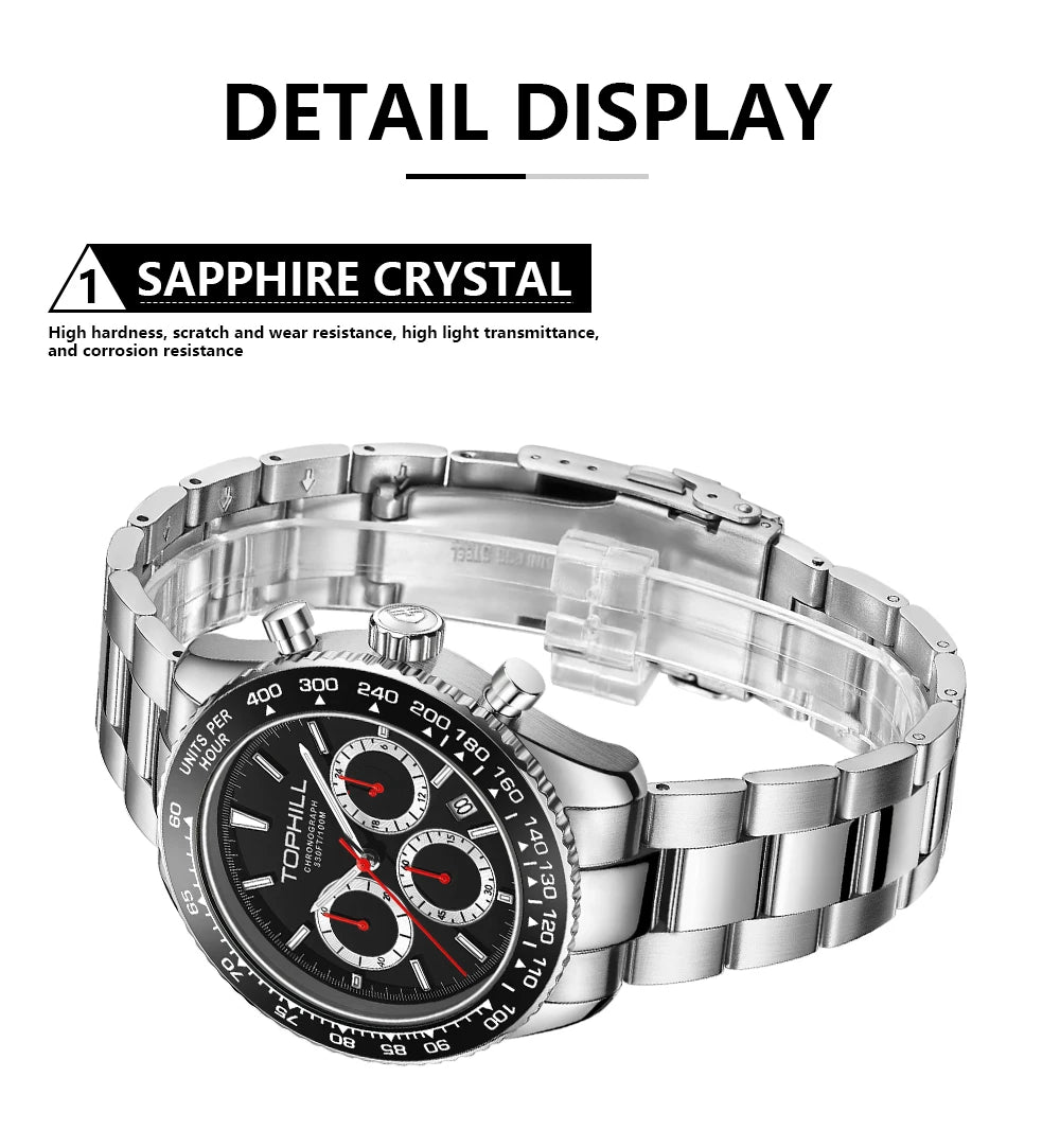 TOPHILL Racing Chronograph Men’s Quartz Watch Panda dial Tachymeter Bezel Sport Wristwatch Stainless Steel 100M Waterproof