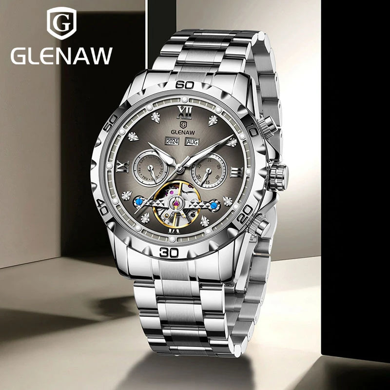 GLENAW NEW Year Month Sunday Multi-functional Mechanical Watch Men luxury Stainless Steel Waterproof Automatic watch steel strip