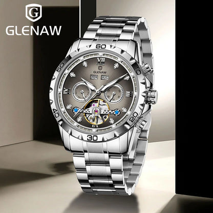 GLENAW NEW Year Month Sunday Multi-functional Mechanical Watch Men luxury Stainless Steel Waterproof Automatic watch steel strip