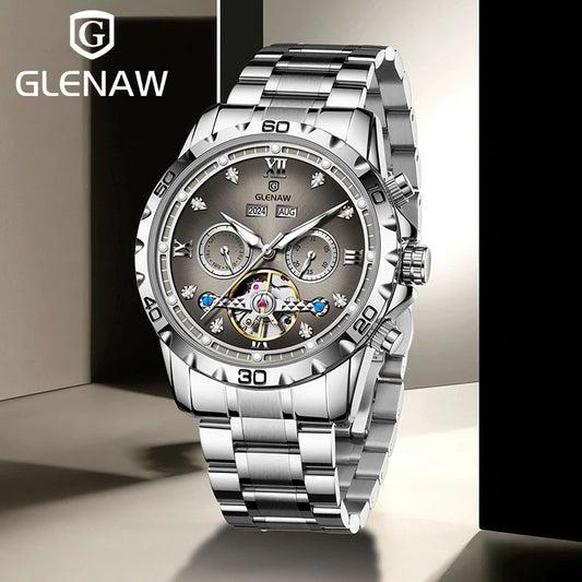 GLENAW NEW Year Month Sunday Multi-functional Mechanical Watch Men luxury Stainless Steel Waterproof Automatic watch steel strip