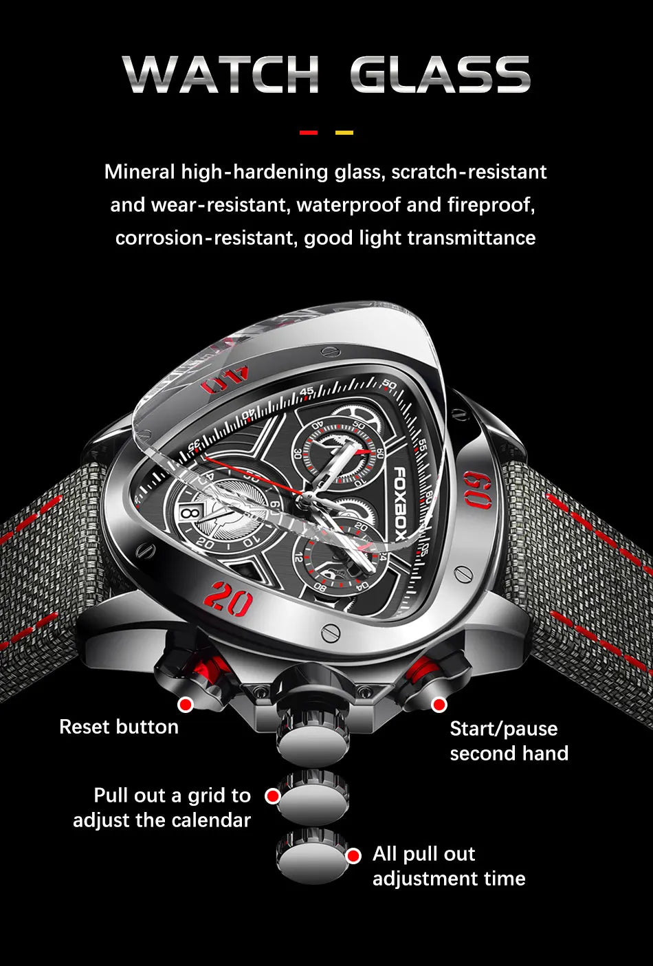 FOXBOX Fashion Luxury Quartz Man Watch Creative Big Dial Chronograph Date Nylon Strap Casual Sport Triangle Men's Watches Clocks